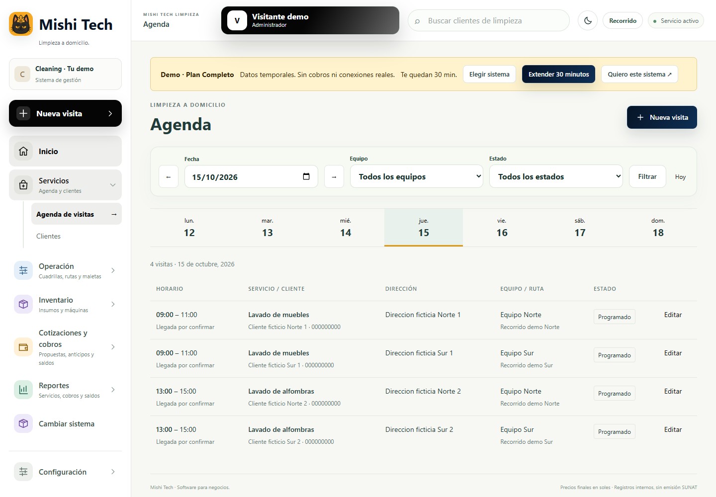 Agenda de limpieza con equipos y visitas ficticias